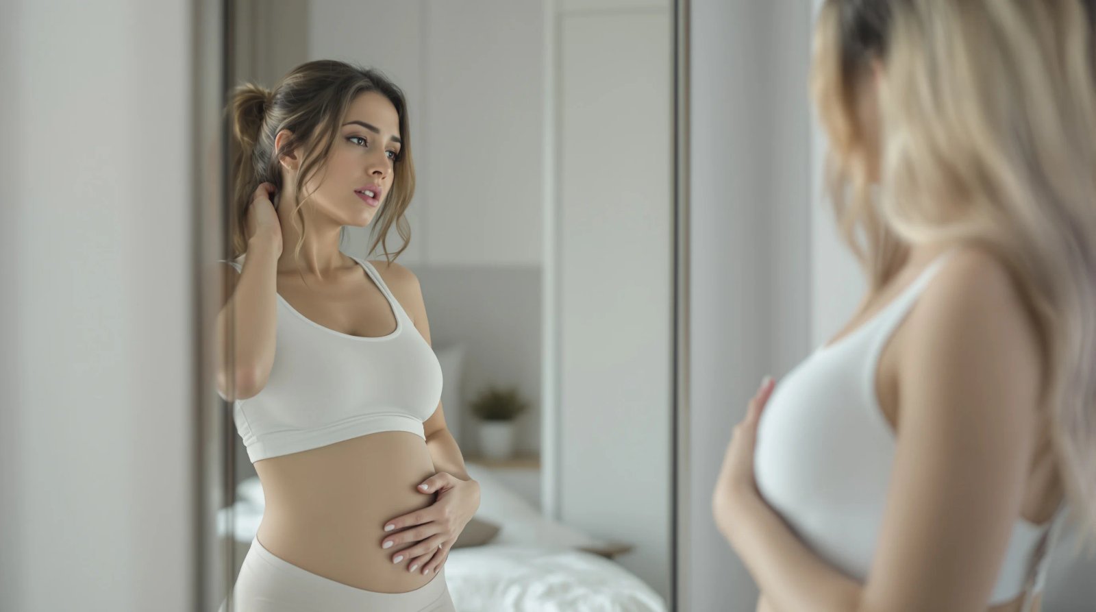 Mujer observando su abdomen hinchado frente al espejo